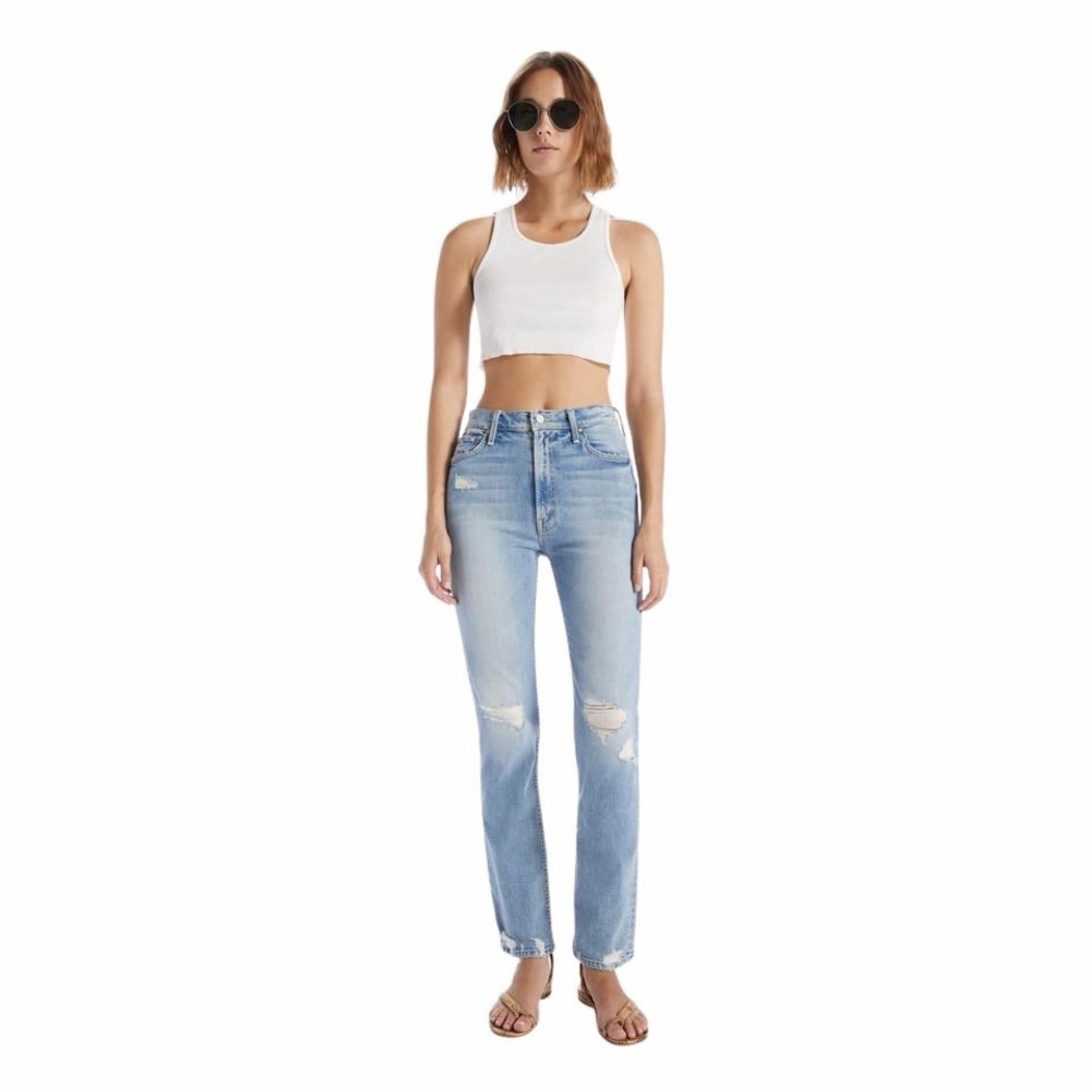 MOTHER Light Blue Distressed Straight-Leg Jeans